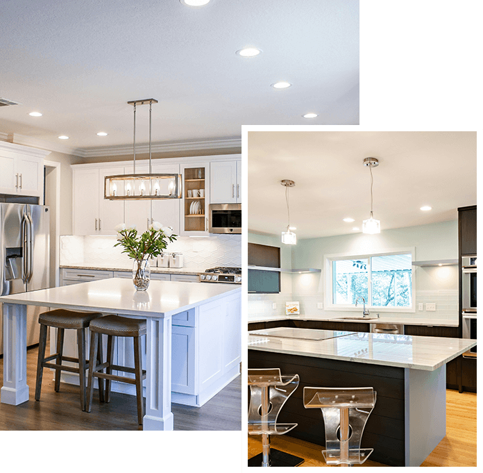 A kitchen with two different lighting fixtures and a counter.